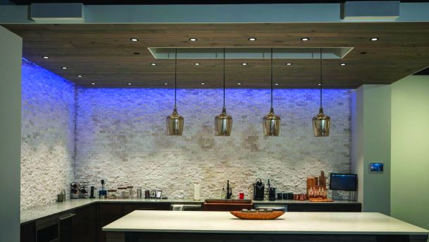 hanging pendants and downlights and led lighting in a home bar