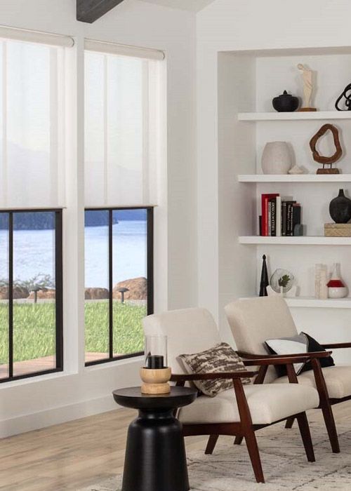Lutron window treatments in white in a light living area