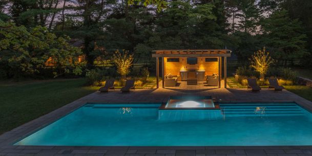 coastal source at dusk with a pool