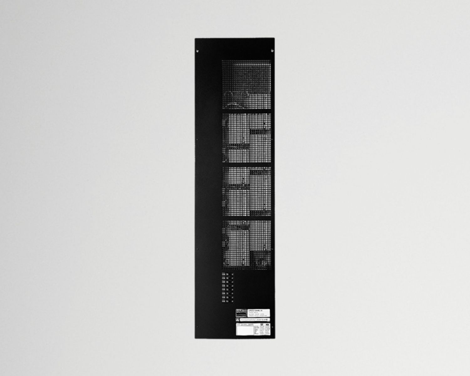 Tall, narrow, black Lutron dimming panel with multiple modules and ventilation slots.