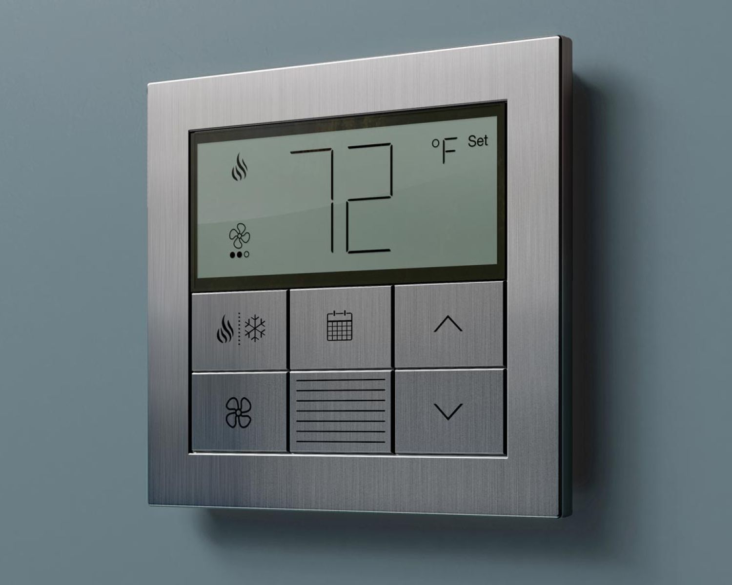 Lutron wall-mounted digital thermostat displaying a temperature of 72°F.